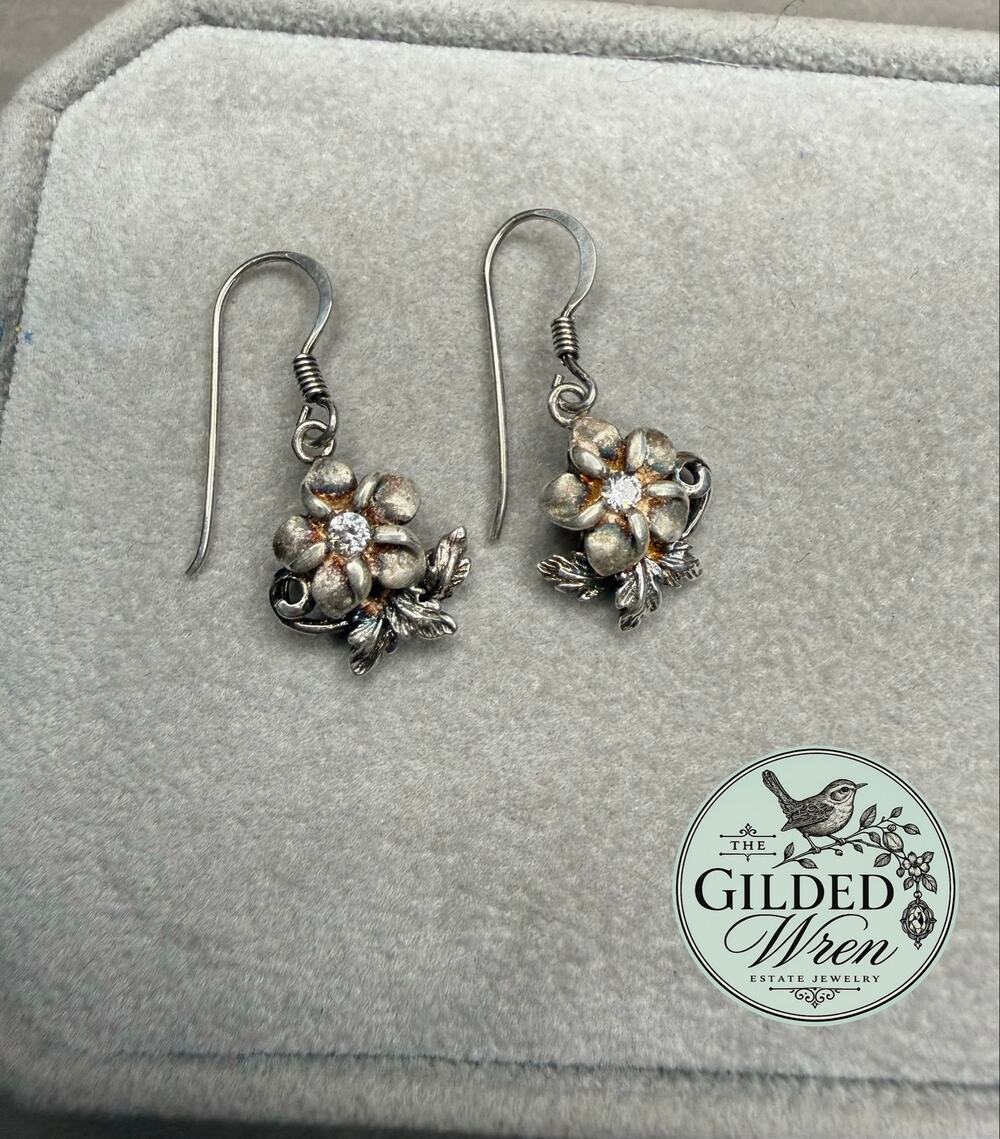Vintage 925 Sterling Silver Plumeria CZ Drop Earrings 3D Floral Hook Dangle